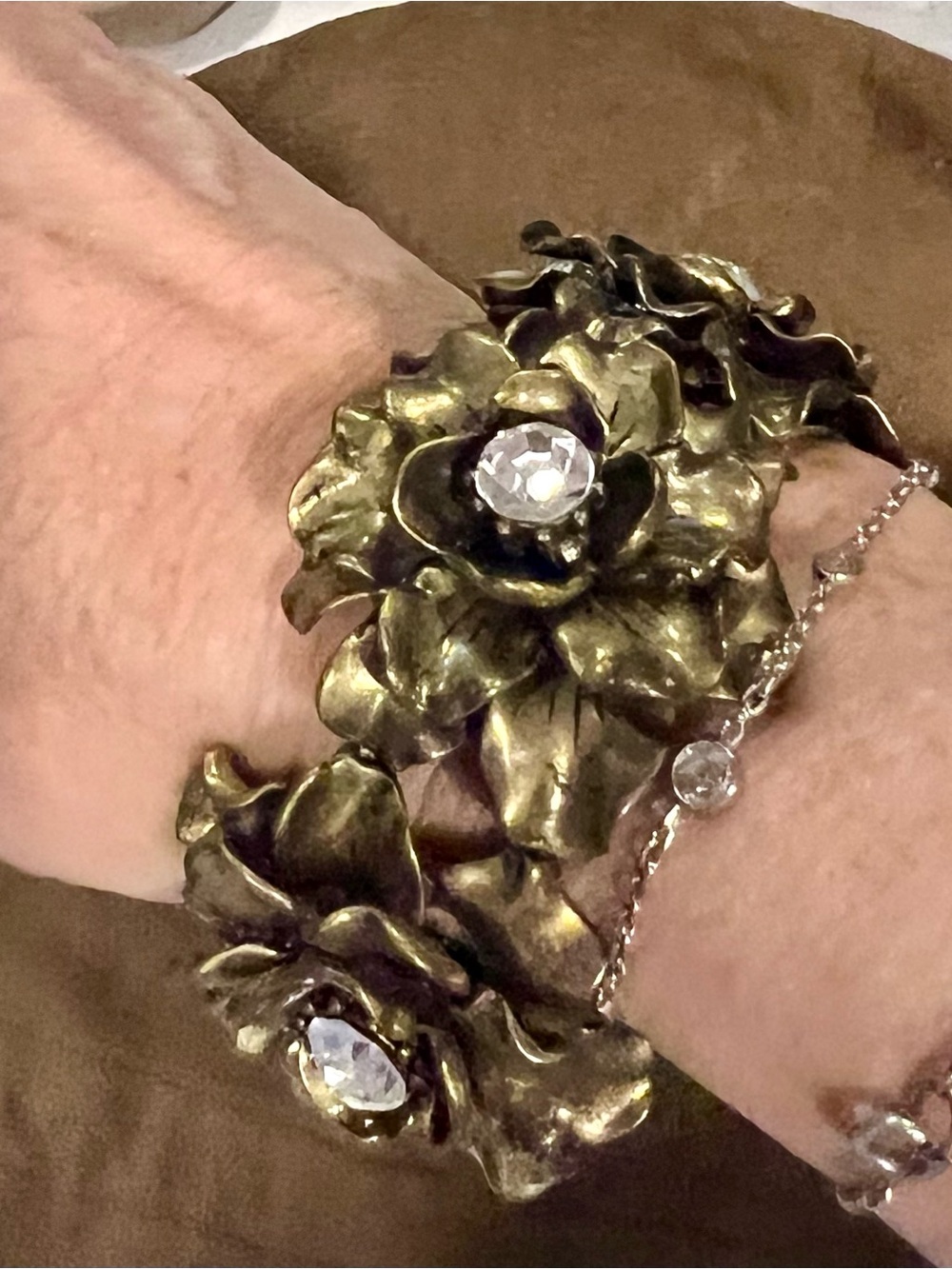 Gold-tone  Floral Cuff Bracelet with Clear Crystals
